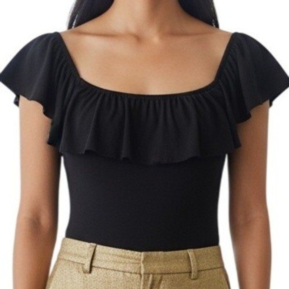 EXPRESS Black Ruffle Neck Ribbed Cap Sleeve Cap‎ Sleeve Bodysuit NWOT Small